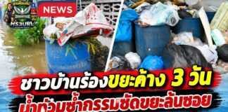 ปทุมธานี น้ำท่วมซ้ำเติมขยะล้นถัง ส่งกลิ่นเหม็น ชาวบ้านวอนเทศบาลเร่งจัดเก็บ หวั่นเป็นแหล่งเชื้อโรค