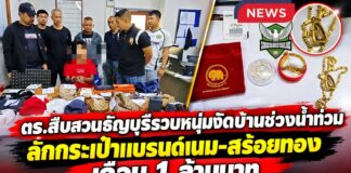 ปทุมธานี ตำรวจสืบสวนธัญบุรีรวบหนุ่มงัดบ้านพ่อค้าขายต้นไม้ช่วงน้ำท่วม ลักกระเป๋าแบรนด์เนม-สร้อยทอง มูลค่าเกือบ 1 ล้านบาท